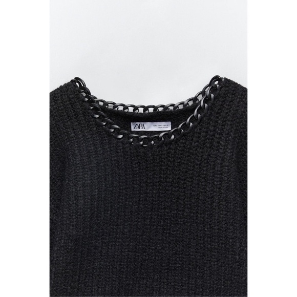 🔖 S ZARA Knit Sweater Chain Collar Black Crop Sweater - Picture 6 of 11